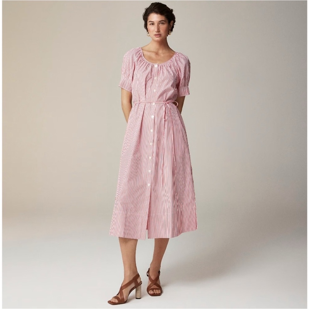 J. Crew Button Up Midi Dress Striped Cotton Poplin Puff Sleeve Size M